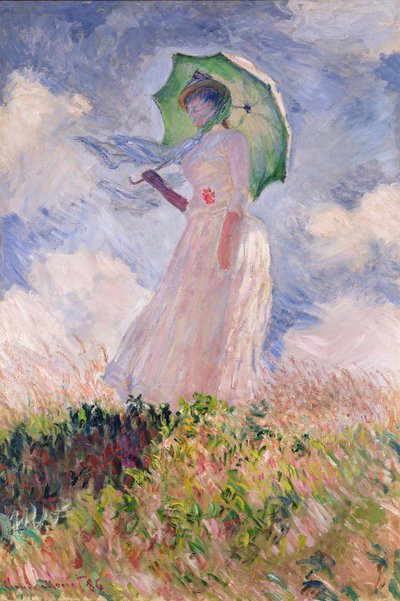 Frau mit Sonnenschirm nach links gewandt von Claude Monet