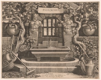 Titelblatt mit rustikalen Brunnen und Widmung, aus Pastorales von Claudine Bouzonnet Stella