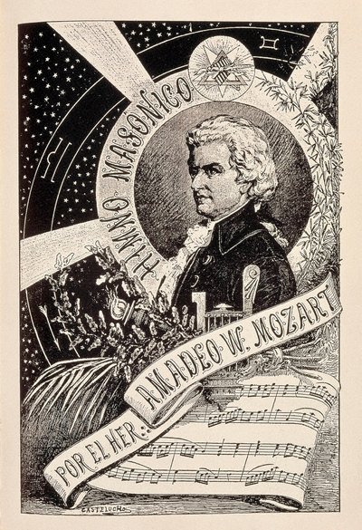 Darstellung des österreichischen Komponisten Wolfgang Amadeus Mozart (1756-1791), ein Freimaurer, der mit dem Enzyklopädischen Wörterbuch der Freimaurerei verbunden ist, Ende 19. - Anfang 20. Jahrhundert (Gravur) von Claudio Castelucho