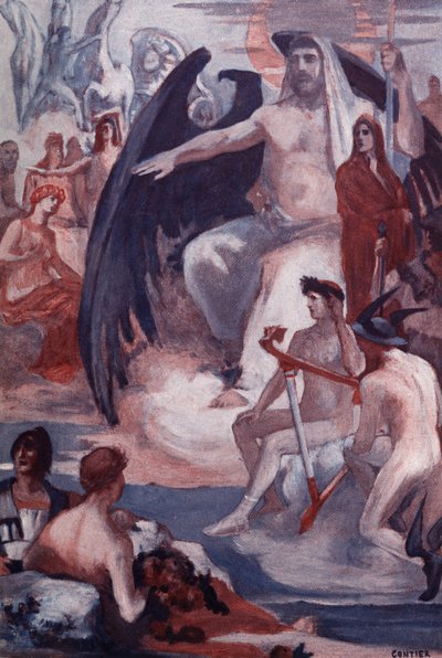 Die Verteidigung von Jupiter zur Rettung der Trojaner oder Griechen. Illustration von Clement Gontier für Homers 