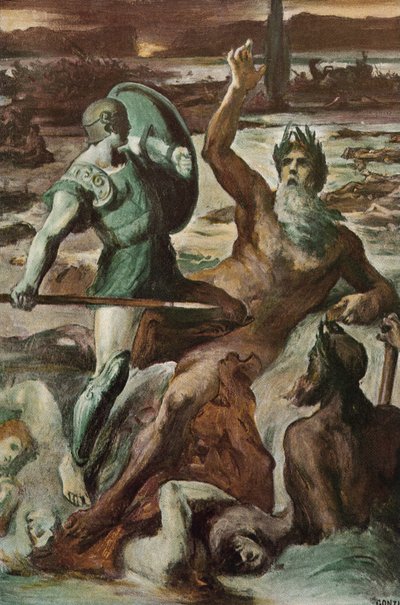Der Kampf von Achilles und dem Skamander-Fluss. Illustration von Clement Gontier für Homers 