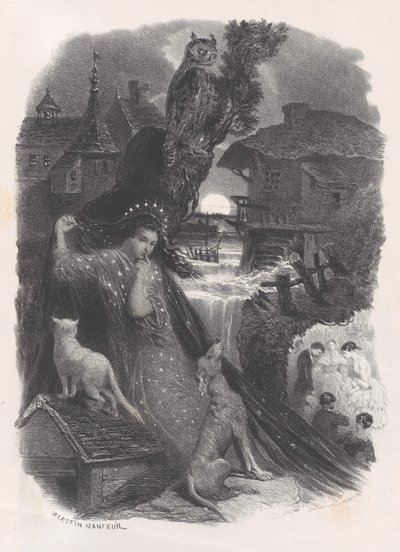 Nacht, Vignette eines Mädchens im Kostüm des 18. Jahrhunderts, das Rosen pflückt, ca. 1830-65 von Célestin Nanteuil