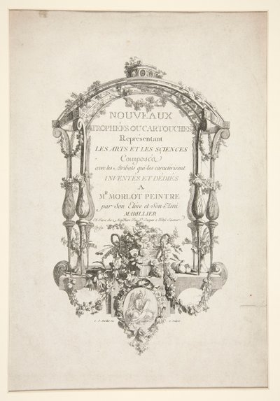 Titelseite aus Nouveaux Trophees ou cartouches representant les arts et les sciences von Clément Pierre Marillier