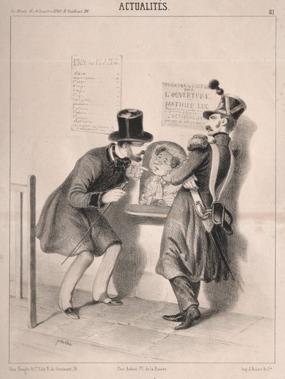 Aktualitäten: Die Eröffnung des zweiten französischen Theaters. Herr, alles ist voll, Sie würden nicht einmal einen Platz im Paradies finden! Wenn Sie in fünfzehn Tagen wiederkommen, haben wir vielleicht einen! von Clémente Pruche