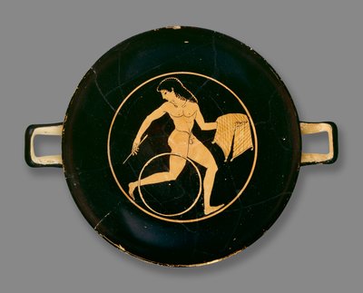 Attische rotfigurige Schale, dekoriert mit einem Jungen, der einen Teller mit Essen trägt und einen Reifen rollt, gefunden in Chiusi, Italien, ca. 500 v. Chr. von Colmar Painter