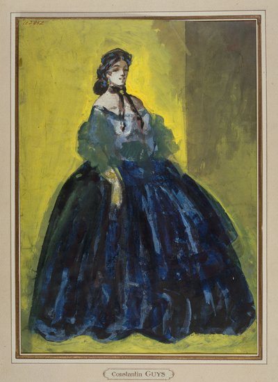 Studie einer Frau im blauen Kleid vor gelbem und grünem Hintergrund, um 1865 von Constantin Guys