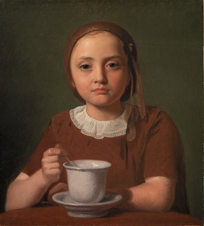 Porträt eines kleinen Mädchens, Elise Købke, mit einer Tasse vor sich, 1850 von Constantin Hansen