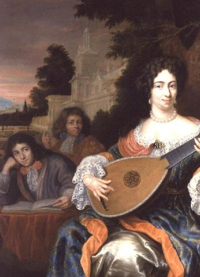 Eine Frau spielt Laute, mit ihren zwei Söhnen hinter ihr von Constantin Netscher