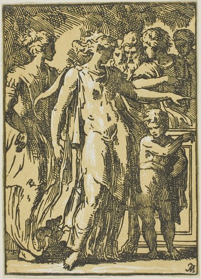 Eine Frau, ein Kind und Figuren um ein Podest von Conte Antonio Maria Zanetti the Elder