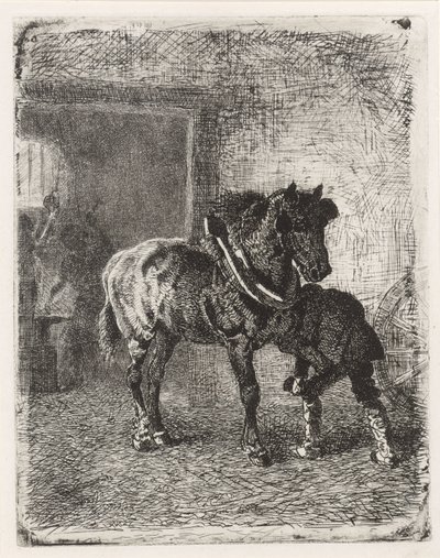 Pferd bekommt Hufeisen in einer Schmiede von Cornelis Albertus Johannes Schermer