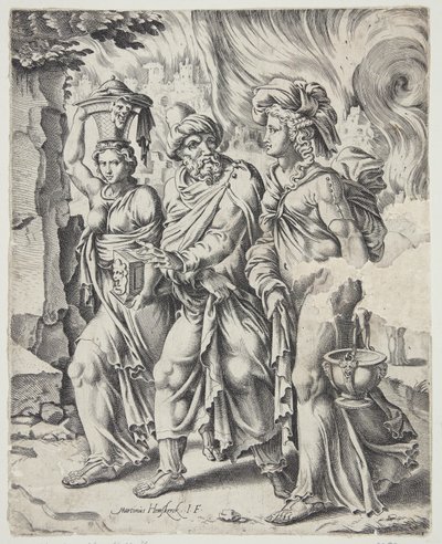 Lot und seine Töchter verlassen das brennende Sodom von Cornelis Bos