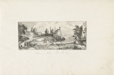 Flusslandschaft mit zwei Frauen auf einer Brücke Landschaften (Serientitel) von Cornelis Claesz van Wieringen (possibly)