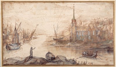 Hafenszene mit Schiffen und einer Kirche bei Sonnenuntergang von Cornelis Claesz  van Wieringen