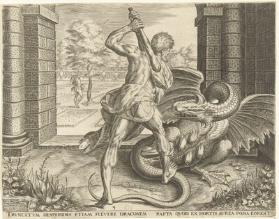 Herkules stiehlt die goldenen Äpfel der Hesperiden von Cornelis Cort