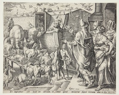 Noah, seine Familie und die Tiere, die die Arche besteigen von Cornelis Cort