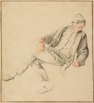 Ein sitzender Bauer, der nach rechts unten schaut und einen Krug hält von Cornelis Dusart