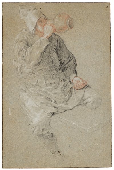 Ein sitzender Mann, der aus einem irdenen Krug trinkt und eine Pfeife hält von Cornelis Dusart