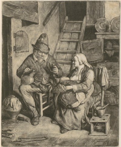 Bauer in Landhaus, neben ihm eine stillende Frau von Cornelis Dusart