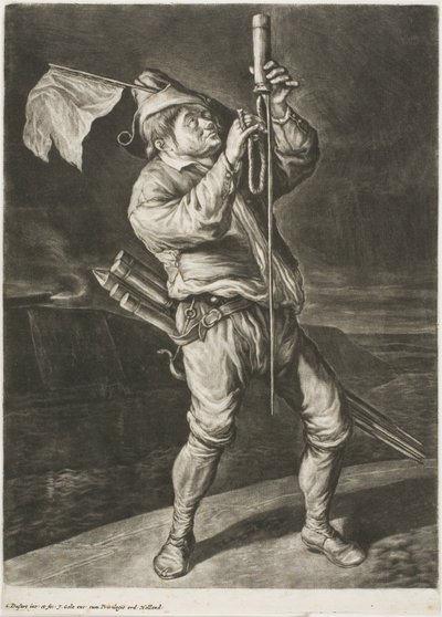 Mann zündet eine Rakete an, auch genannt Frieden ist besser als ein Sieg, aus Communia Gaudia (Die weit verbreitete Freude bei der Belagerung von Namur) von Cornelis Dusart