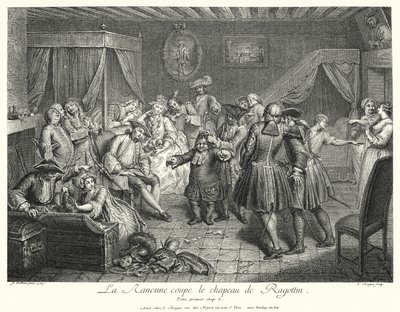 La Rancune schneidet Ragotins Hut ab (Gravur) von Cornelis Engelbrechtsen