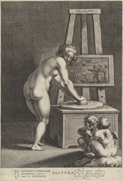 Pictura: Allegorie der Malerei, mit einer nackten Frau in der Mitte, die Pigmente mahlt, ca. 1610-50 von Cornelis Galle I