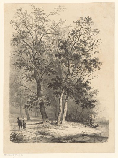 Zwei Figuren spazieren in einem Wald von Cornelis Gerrit Verburgh