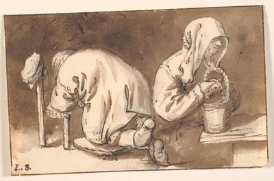 Ein kniender Mann und eine Frau mit einem Korb von Cornelis Pietersz Bega