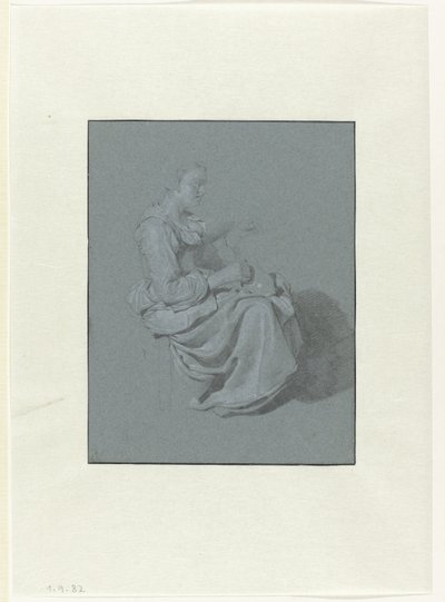 Sitzende Frau, im Profil nach rechts, mit einem Krug in der rechten Hand von Cornelis Pietersz. Bega