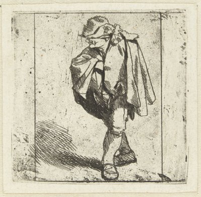 Stehender Mann mit der rechten Hand auf der Brust in seinen Mantel gesteckt von Cornelis Pietersz. Bega