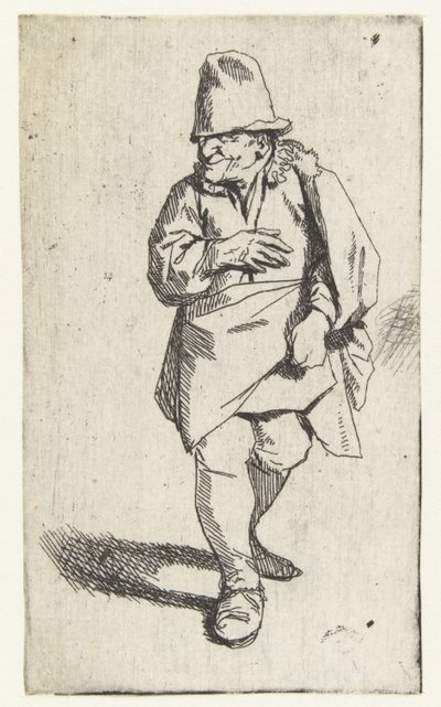 Stehender Mann mit hohem Hut oder Mütze, rechte Hand vor der Brust von Cornelis Pietersz. Bega