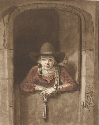 Junge, der sich über eine Halbtür lehnt von Cornelis Ploos van Amstel (signed by artist)