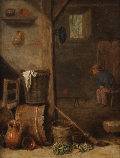 Kücheninterieur mit einer Figur im angrenzenden Raum von Cornelis Saftleven