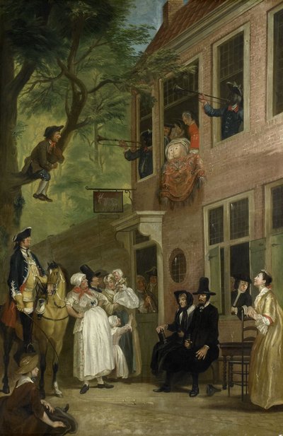 Irregeführt: Der Botschafter der Schurken zeigt sich aus dem Fenster der Bokki-Taverne im Haarlemmerhout, ca. 1739 von Cornelis Troost