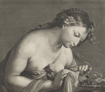 Erigone beugt sich über eine Schale mit Trauben und hebt ein Stück Stoff mit beiden Händen, ca. 1700 von Cornelis Vermeulen