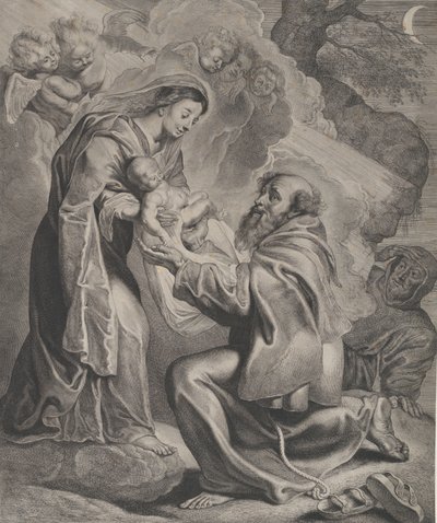 Die Vision des heiligen Franziskus, kniend rechts, das Christkind von der Jungfrau empfangend von Cornelis de Visscher