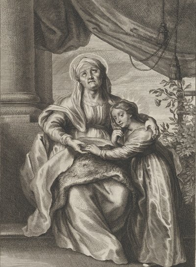 Die Erziehung der Jungfrau, mit der heiligen Anna, die auf einer Bank sitzt und nach oben schaut, ca. 1645-78 von Cornelis van Caukercken