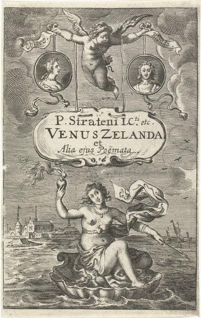 Venus auf Muschel mit brennendem Herz und Pfeil treibt vor der Küste von Zeeland, darüber zwei Medaillons mit Porträts von Cloës und Blondae und Kartusche mit Titel gehalten von Amor von Cornelis van Dalen (I)