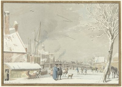 Gefrorener Stadtgraben mit Schlittschuhläufern von Cornelis van Noorde