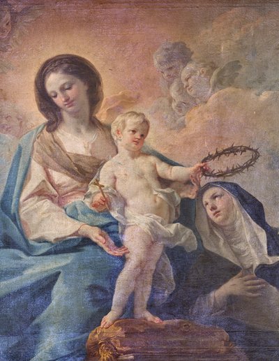 Kirche des SS Salvatore, Altar des Rosenkranzes, Unsere Liebe Frau vom Rosenkranz, Leinwand von Corrado Giaquinto (Detail), Poggiardo, Lecce, Apulien von Corrado Giaquinto
