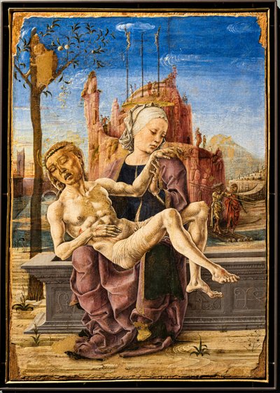 Beweinung, von Cosmè Tura, ca. 1460. Im oberen linken Teil des Gemäldes ist ein Affe zu sehen, der sich an den Ästen eines Apfelbaums festhält. Es ist eine Anspielung auf den Baum der Erkenntnis von Gut und Böse und auf die Versuchung des Teufels im irdisc von Cosimo Tura