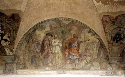 St. Dominikus bekehrt einen Ketzer, Lünette aus dem Freskenzyklus des Lebens von St. Dominikus im Kreuzgang von St. Dominikus, ca. 1698 von Cosimo Ulivelli