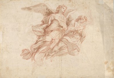 Zwei fliegende Engel, verso: Gottvater auf den Wolken sitzend und eine Skizze einer fliegenden Figur, ca. 1720 von Cosmas Damian Asam