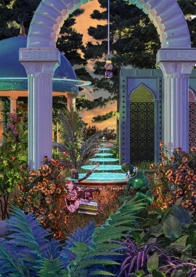 Exotischer Gartenbrunnen Sonnenuntergang von CosmoZach