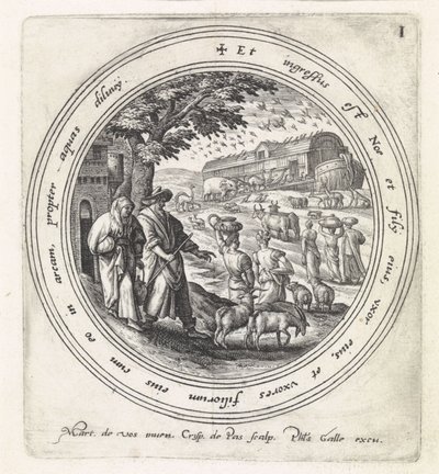 Noah geht mit seiner Familie und den Tieren an Bord der Arche von Crispijn van de Passe (I)