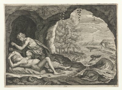 Peleus schleicht sich an die schlafende Thetis heran von Crispijn van de Passe (II)