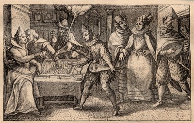 Eine Backgammon-Partie mit wandernden Spielern - Niederländische Kupferstichgravur; aus einer Serie von Drucken, Hortus Voluptatem, von Crispin de Passe (1550-1643) - Ein Paar spielt Backgammon, überrascht von fünf maskierten Männern, Gravur von Crispin de von Crispin I de Passe