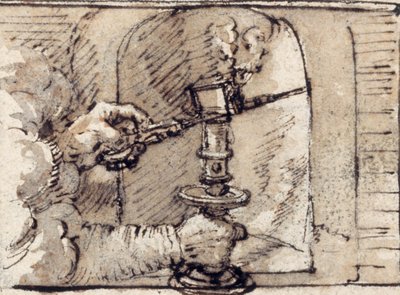 Ein Paar Hände, das aus einer Wolke kommt und eine Kerze in einem Kerzenhalter auslöscht (Feder & braune Tinte mit brauner Lavierung auf Papier) von Crispin I de Passe