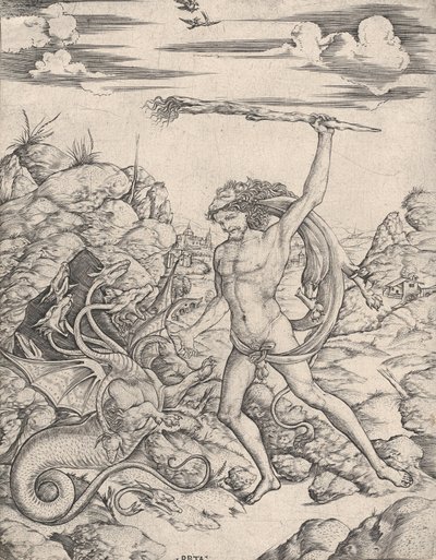 Herkules und die Hydra, mit einer Fackel greift er die geflügelte, mehrköpfige Hydra an, ca. 1500-1520 von Cristofano di Michele Martini