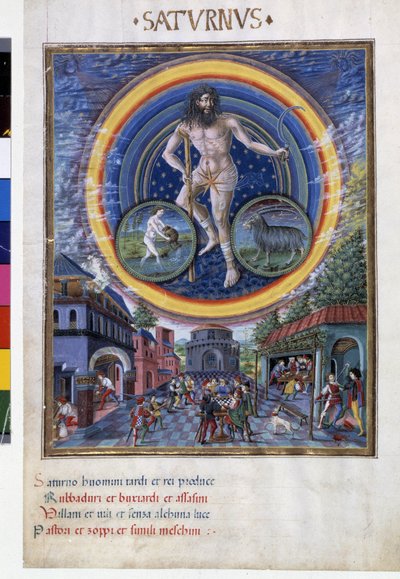 Saturn mit den Tierkreiszeichen Wassermann und Steinbock. Unten, die Spielszenen und ihr Einfluss auf die Menschen. Miniatur von Cristoforo de Predis (ca. 1440-ca. 1486) - in „De Sphaera“ d