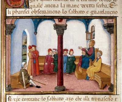 Jesuskrieger der Mann mit der verdorrten Hand Miniatur von Cristoforo De Predis nach der Geschichte des Neuen Testaments (fol. 81) von Cristoforo De Predis